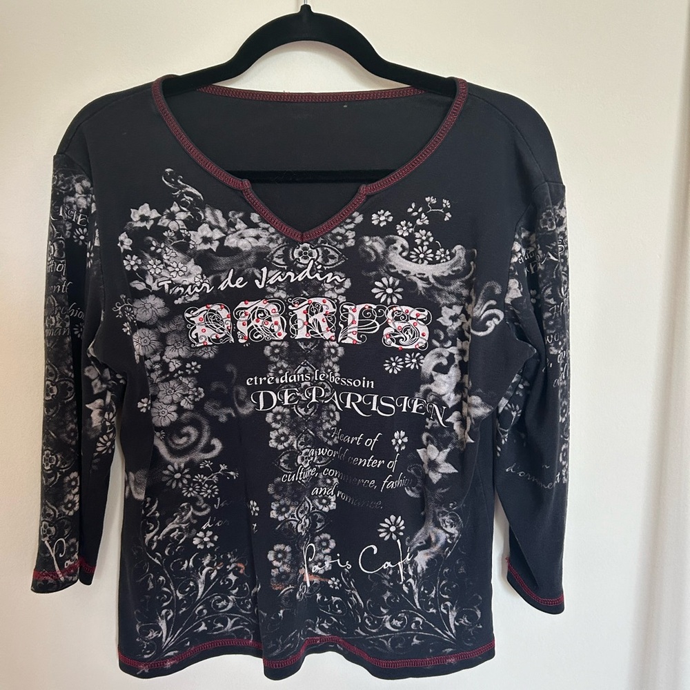 Y2K whimsigoth graphic Paris black and red studded 3/4 sleeve womens top